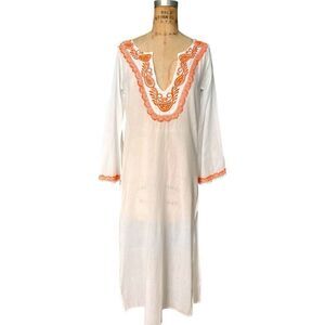 OndadeMar White Cotton Tunic Dress with Orange Embroidery S